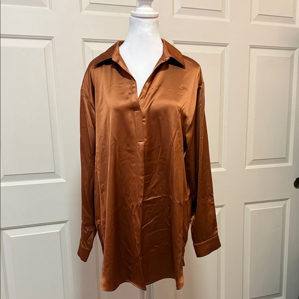 Pleione Women's Satin Blouse in Copper Brown